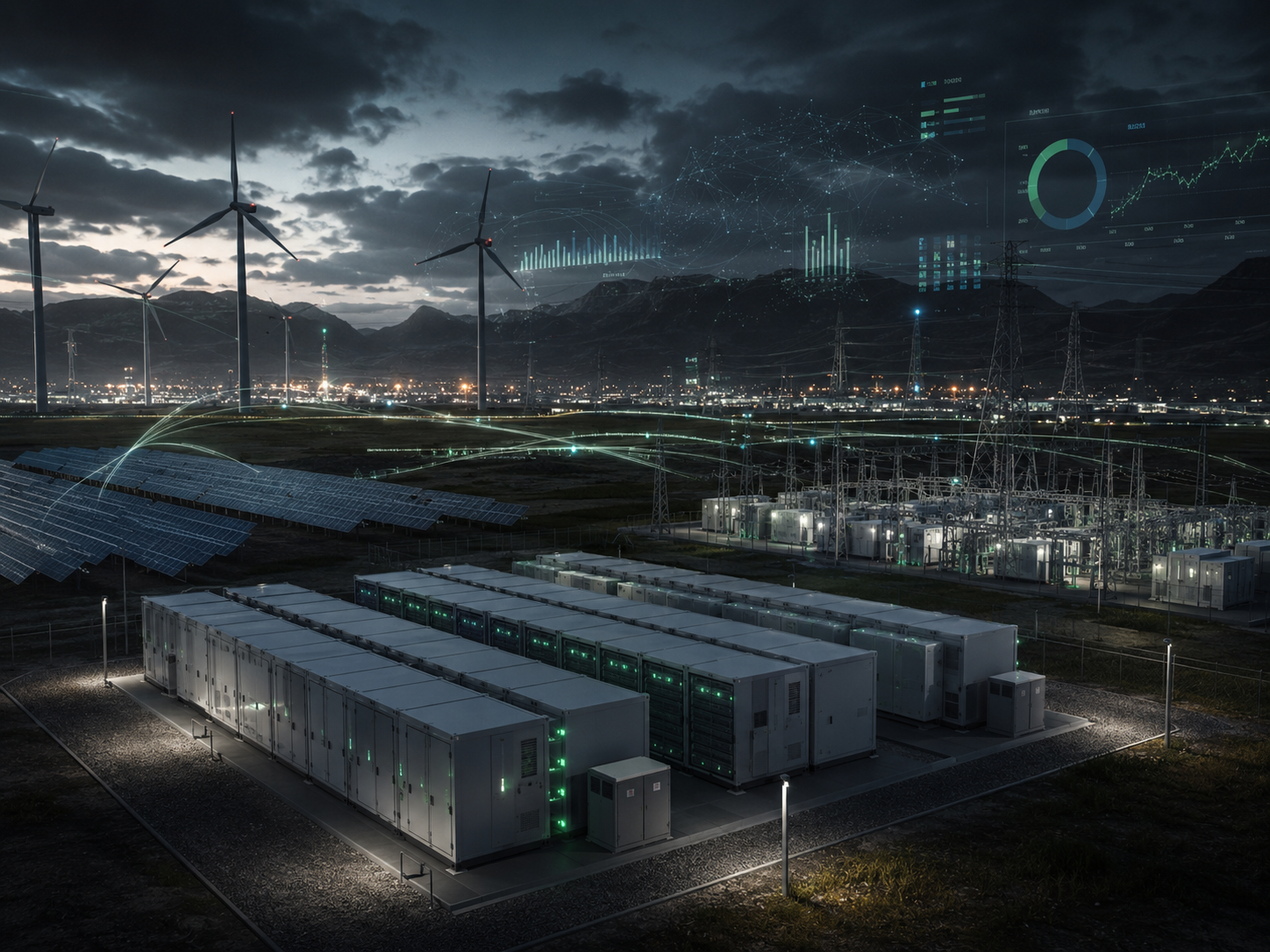 Real-world AI energy management system with battery storage, renewable generation, substation infrastructure, and data overlays
